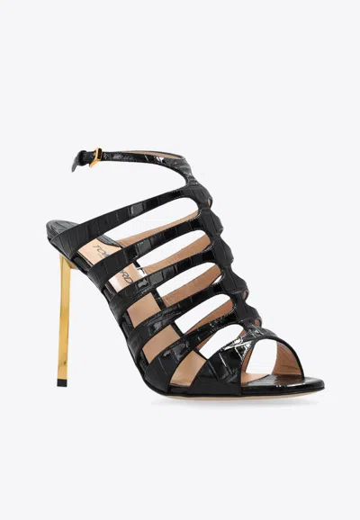 Tom Ford Carine Croc-effect Patent-leather Sandals In Black