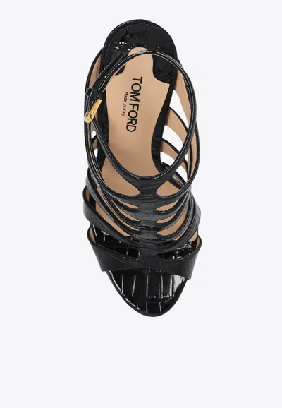 Shop Tom Ford Carine 105 Croc-embossed Leather Sandals In Black