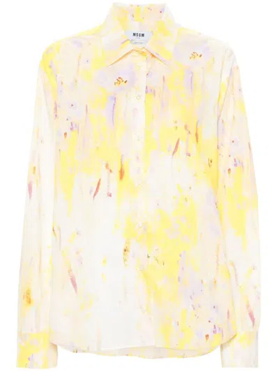 Shop Msgm Cotton Shirt With Floral Print In Yellow