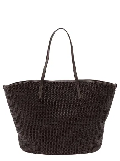 Shop Brunello Cucinelli Brown Tote Bag With Monile Embellishment In Cotton Rafia Woman