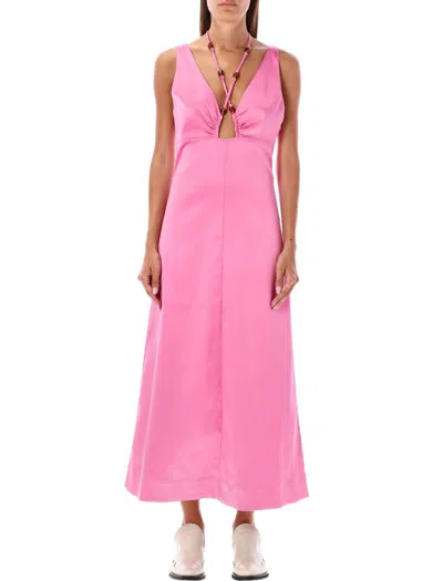 Shop Ganni Satin Midi Dress In Pink