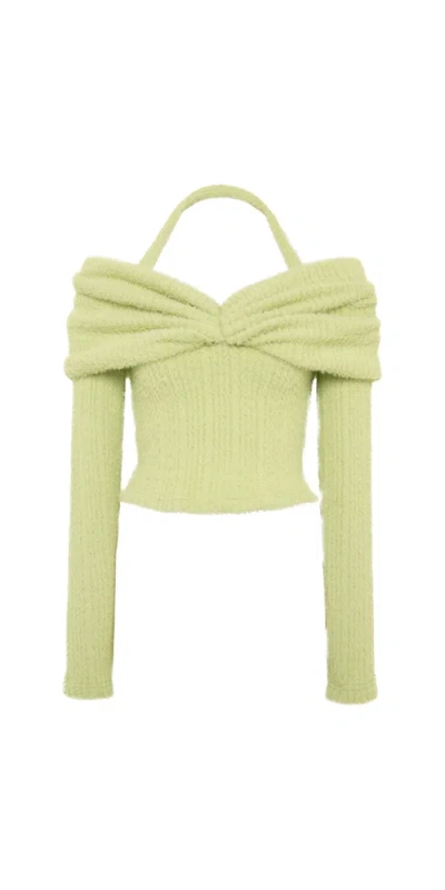 Siedres Ledi Off-the-shoulder Ruched Knit Top In Lime In Green