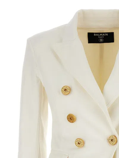 Balmain White Double-breasted Jacket With Peak Lapels And Logo Buttons In Fabric Women In White