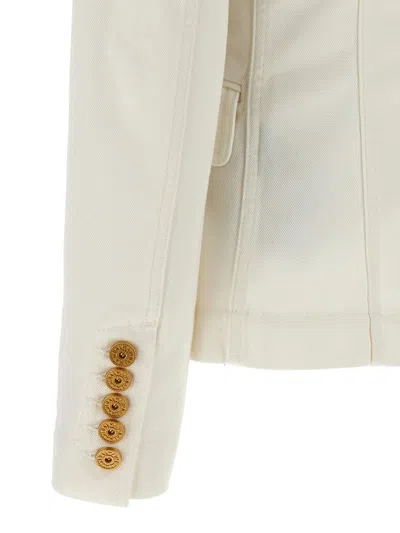 Shop Balmain Double-breasted Denim Blazer In White