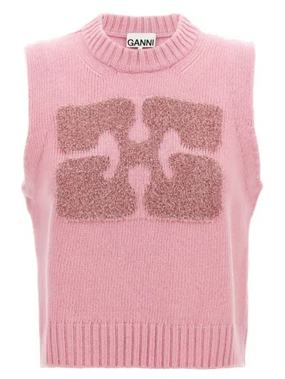 Shop Ganni Lurex Logo Vest In Pink
