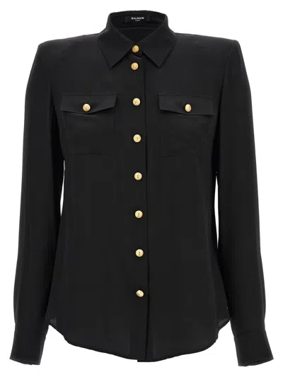 Shop Balmain Logo Button Shirt In Black