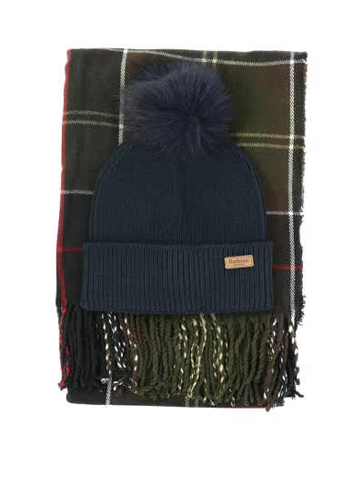Barbour "dover" Check Pattern Scarf And Beanie Set In Green