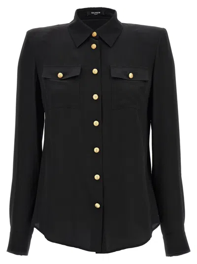Shop Balmain Logo Button Shirt Shirt, Blouse In Black