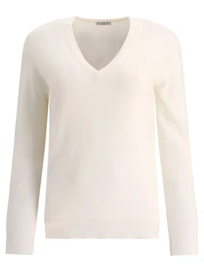 Shop Brunello Cucinelli Cashmere Sweater With Monili Knitwear In White