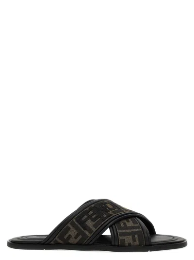 Shop Fendi Logo Slides Sandals Black