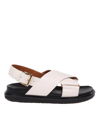 Shop Marni Crossed Leather Sandal In Beige