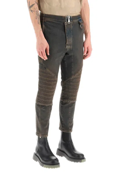 Shop Balmain Stretch Jeans With Quilted And Padded Inserts In Marrone