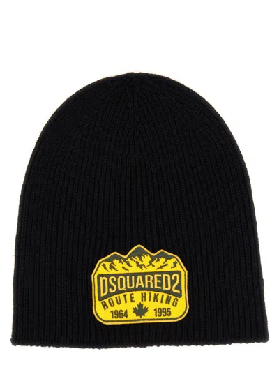 Dsquared2 Logo-patch Ribbed-knit Beanie Hat In Black