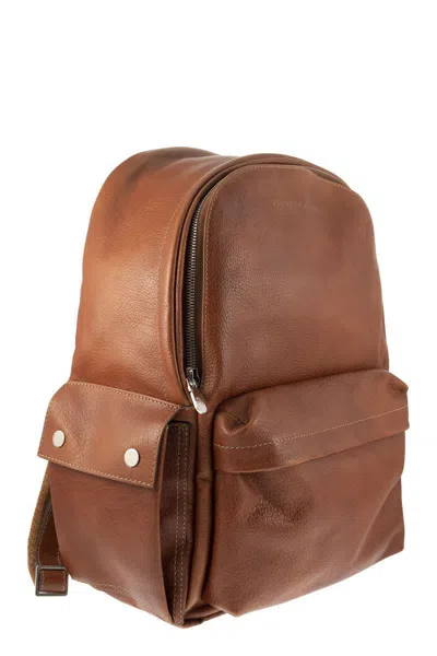 Shop Brunello Cucinelli Calfskin Backpack With Grain In Brown