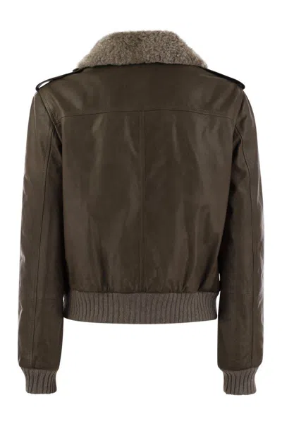 Shop Brunello Cucinelli Leather Bomber Jacket And Shearling Collar In Brown