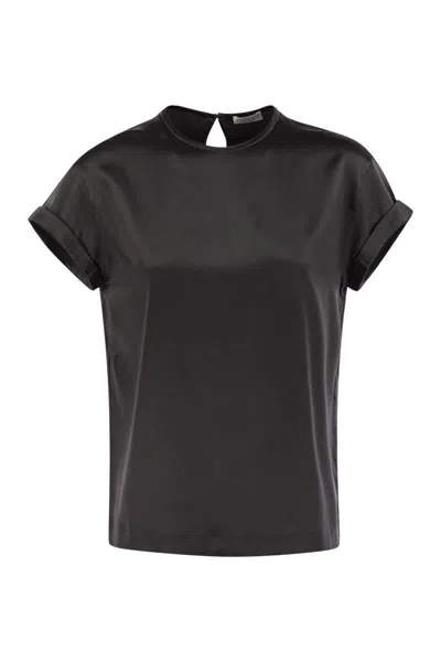 Shop Brunello Cucinelli Stretch Silk Satin T-shirt With Necklace In Anthracite