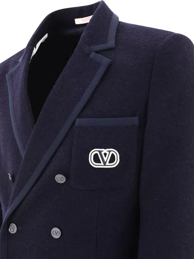 Shop Valentino Bouclé Wool Blazer With Vlogo Signature Embroidery Jackets Blue
