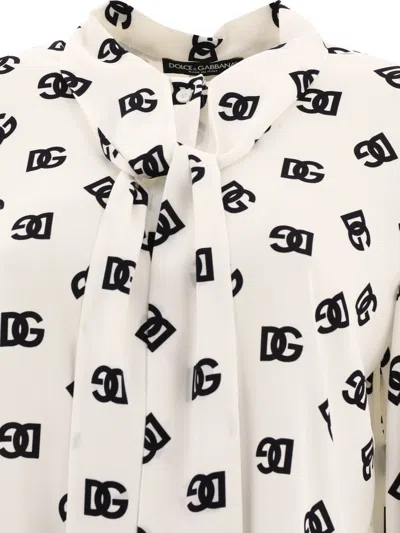 Shop Dolce & Gabbana Charmeuse Shirt With All-over Dg Logo Print Shirts White