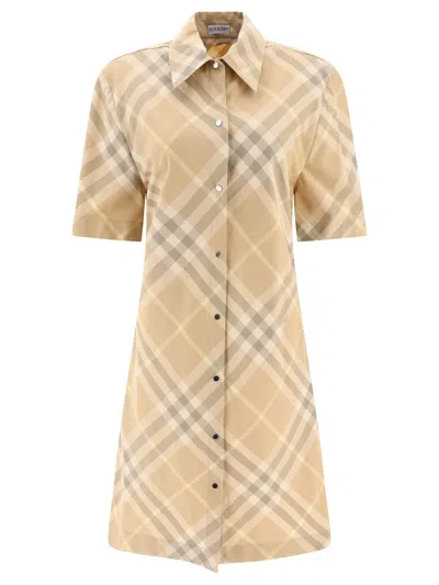 Shop Burberry Check Cotton Shirt Dress Dresses Beige