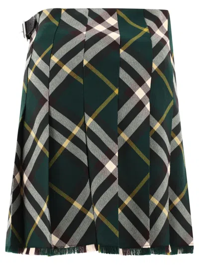 Shop Burberry Check Wool Kilt Skirts Green