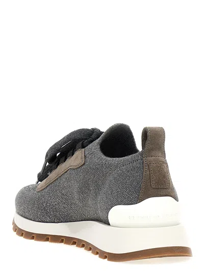 Shop Brunello Cucinelli Lurex Knit Sneakers Gray