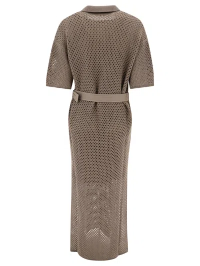 Shop Brunello Cucinelli Net Knit Dress With Belt Dresses Brown