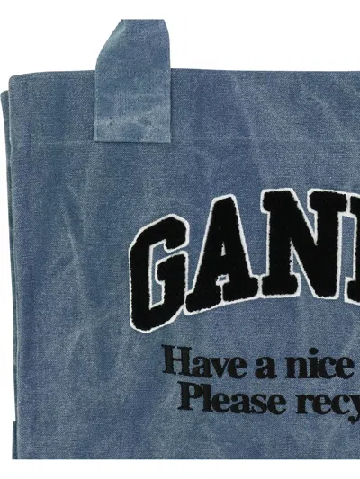 Shop Ganni Oversized Tote In Canvas Shoulder Bags Blue