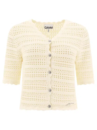Shop Ganni Pointelle Cardigan Knitwear White