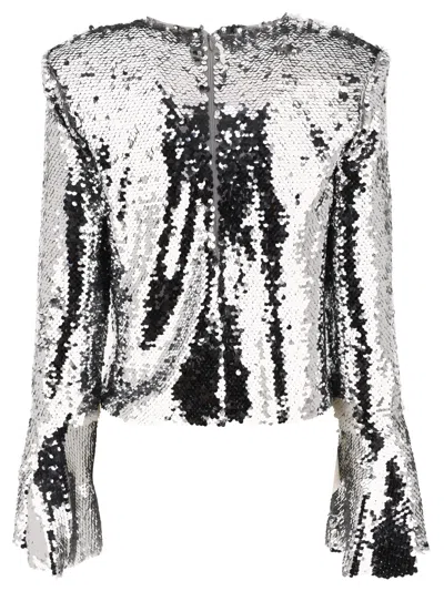 Shop Self-portrait Sequinned Flared Top Tops Silver