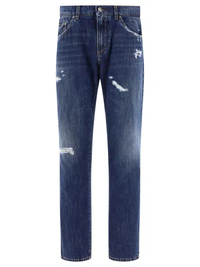 Shop Dolce & Gabbana Straight Leg  With Ripped Details Jeans Blue