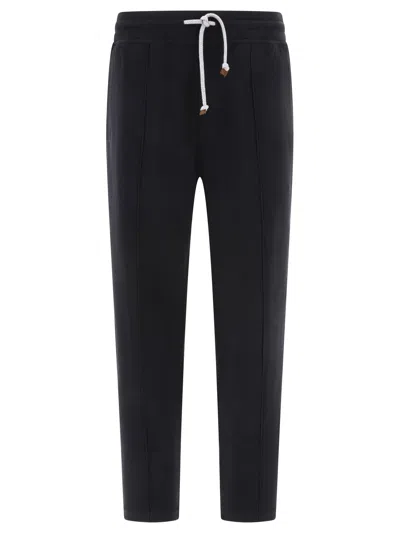 Shop Brunello Cucinelli Techno Cotton French Terry  With Crête Detail Trousers Black