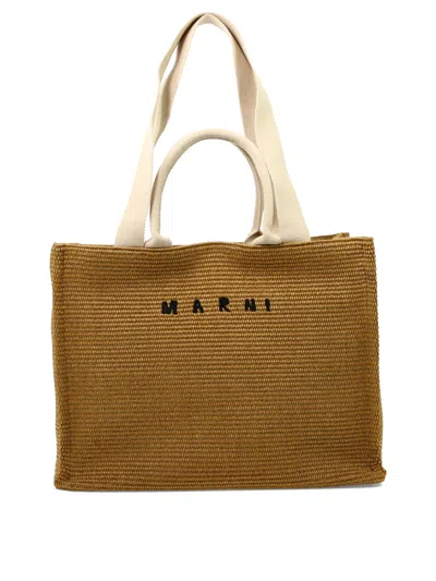 Shop Marni Tote In Raffia-effect Fabric Shoulder Bags Beige