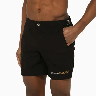 Shop Alexander Mcqueen Black Swim Shorts With Logo Men