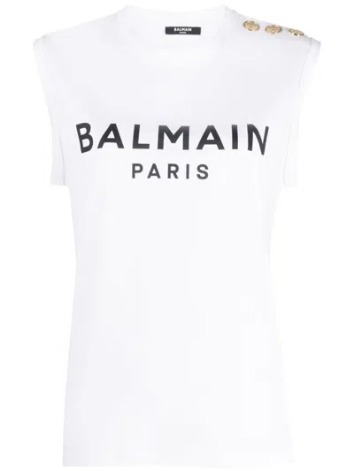 Shop Balmain Sleeveless Cotton Top In White