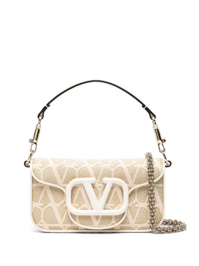 Shop Valentino Garavani Locò Toile Iconographe Straw Small Shoulder Bag In White