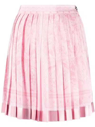Shop Versace Barocco Print Pleated Mini Skirt In Pink