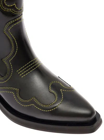 Shop Ganni Black Camperos Boots With Stitchings In Leather Woman