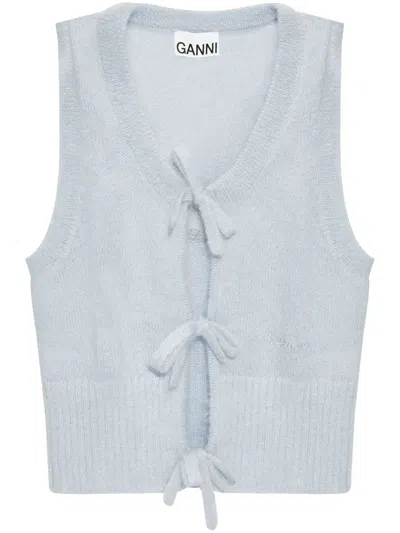 Ganni Heather Blue Sleeveless Cardigan With Bows