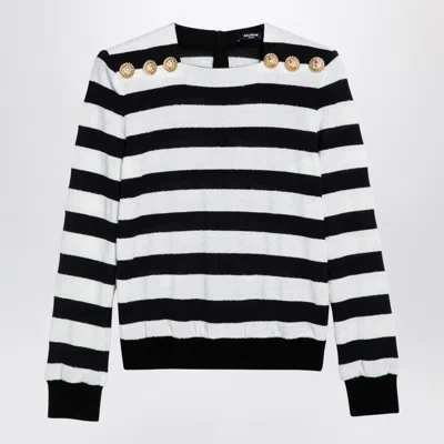 Shop Balmain Black/white Striped Jersey With Epaulettes And Buttons