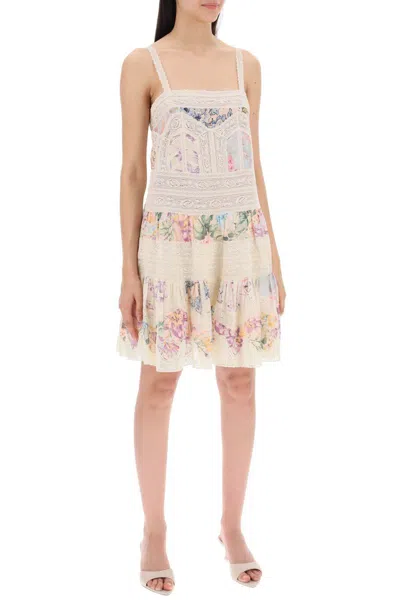 Shop Zimmermann "mini Halliday Dress With Floral Print And Lace In Multicolor