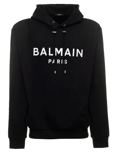 Shop Balmain Black Hoodie With Contrasting Logo Print In Cotton Man