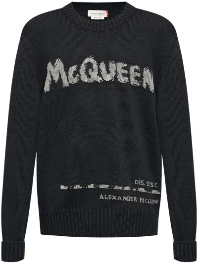 Shop Alexander Mcqueen Crewneck Cotton Sweater With Front Logo In Grey