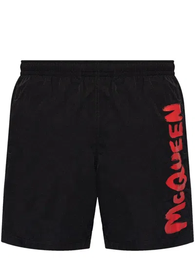 Shop Alexander Mcqueen Swimsuit With Contrast Side Printed Logo In Nero E Rosso