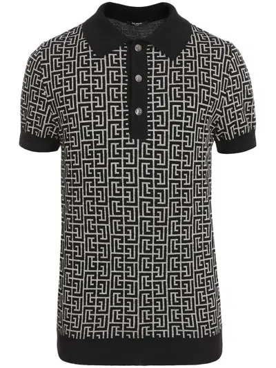 Shop Balmain Short-sleeved Wool And Linen Polo Shirt With Print In Nero E Beige