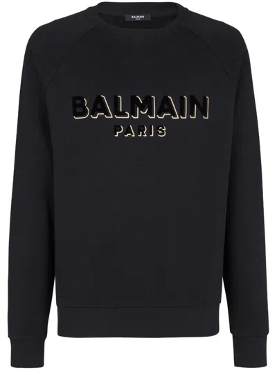 Shop Balmain Cotton Crew Neck Sweatshirt With Printed Logo On The Chest In Black