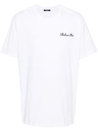 Shop Balmain Cotton T-shirt With Embroidered Cursive Front Logo In Black