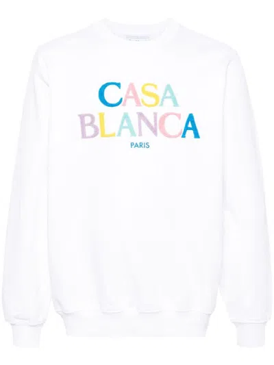 Shop Casablanca Cotton Sweatshirt With Multicolored Embroidered Front Logo In White