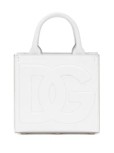 Shop Dolce & Gabbana Mini Dg Daily Shopping Bag In Calf Leather With Front Logo In White