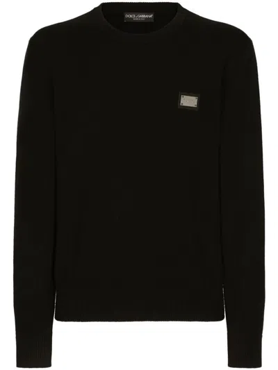 Shop Dolce & Gabbana Crew Neck Sweater In Virgin Wool And Cashmere With Metal Logo Plaque In Black