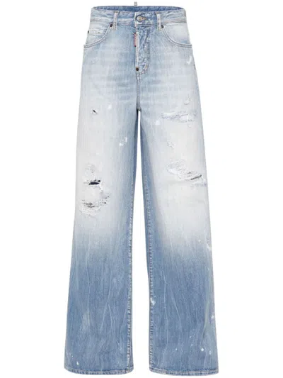 Shop Dsquared2 Wide-leg Cotton Jeans With A Worn Effect In Blue